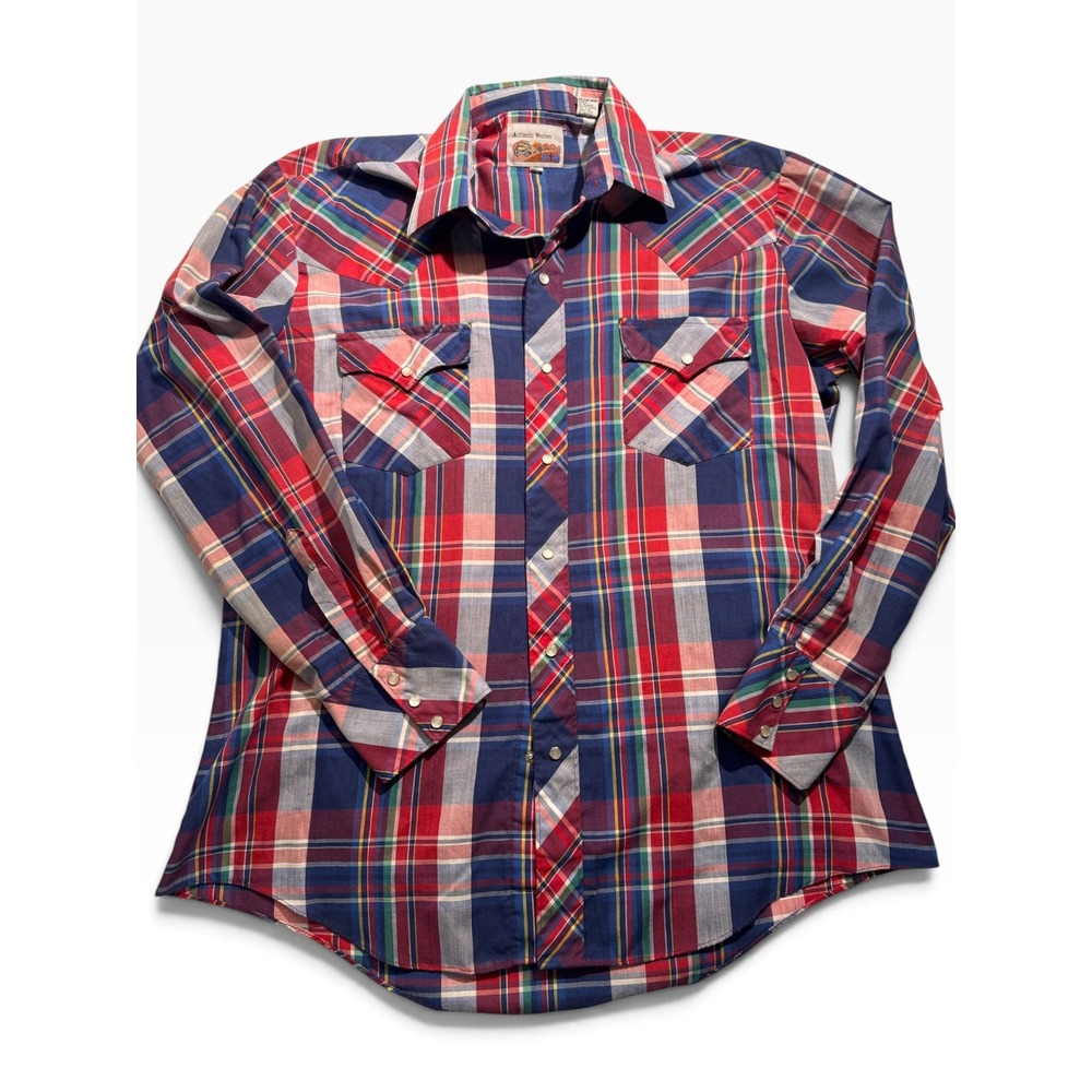 ATB Authentic Western Mens Plaid Pearl Snap Shirt Red Blue Green Size 17 34/35